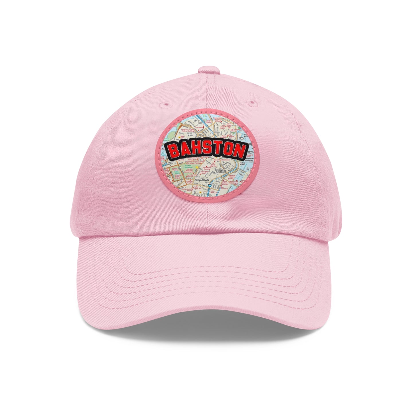 Pink Bahston {Boston} Massachusetts Baseball Hat with Round Leather Patch