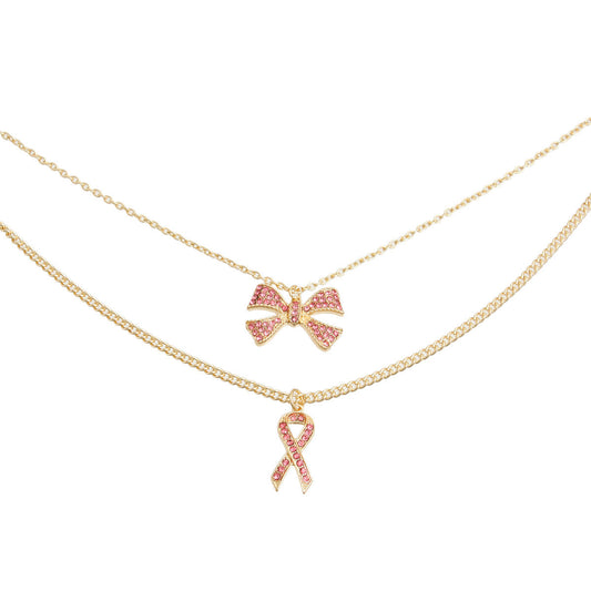 Pink Ribbon Double Layer Gold Necklace Set