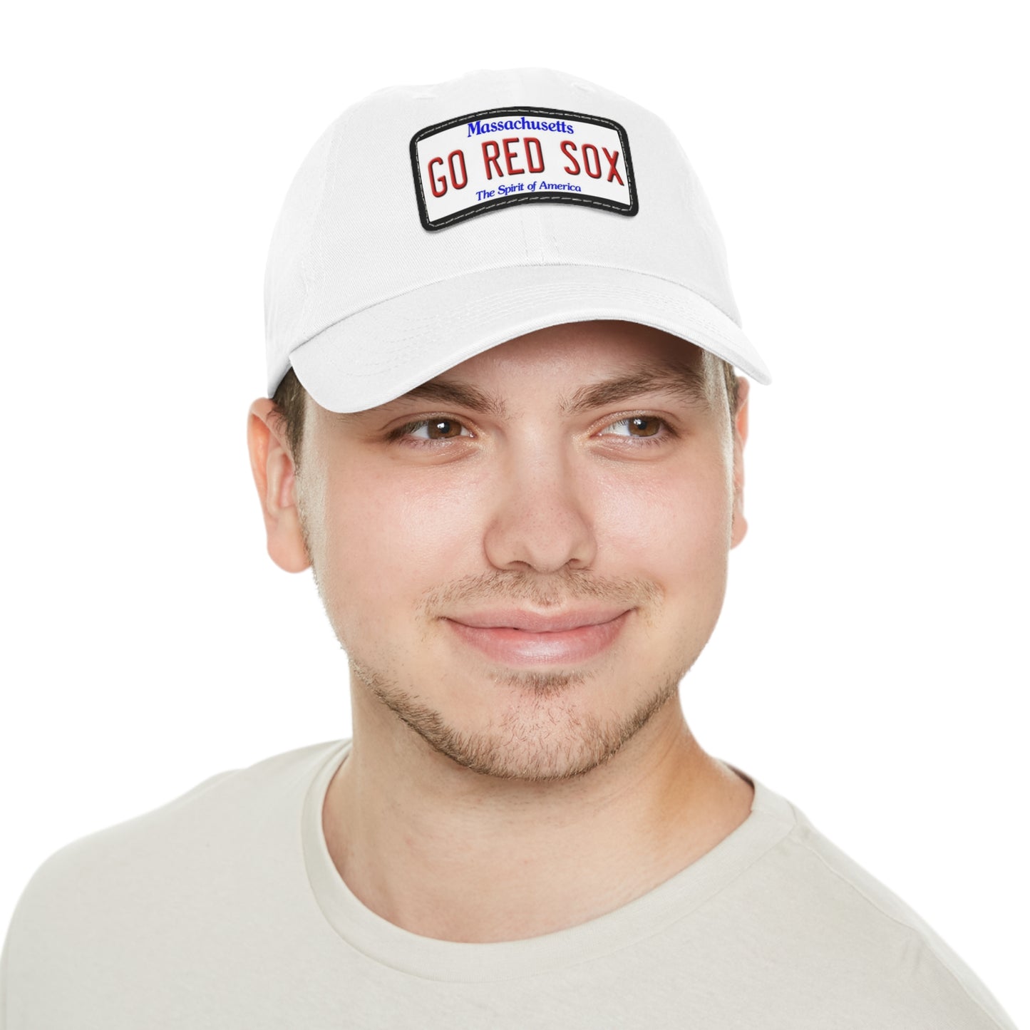 White Go Red Sox Baseball Hat with Leather Patch On Male Model