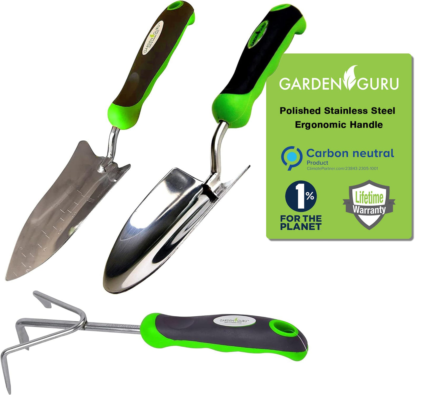 Gardening tools with green and black handles on a white background, featuring the Garden Guru brand.