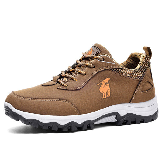 Brown sneaker with a logo on a white background