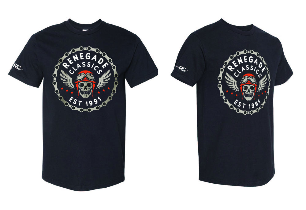 alternate angles Black crew neck t-shirt with a front print of a skull and wings design, and the text 'RENEGADE CLASSICS EST 1991'.