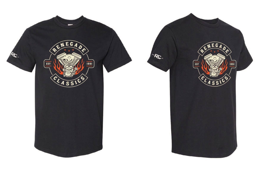 Alternate angles Black crew neck t-shirt with 'Renegade Classics' graphic print in the center, featuring a engine and flame design.