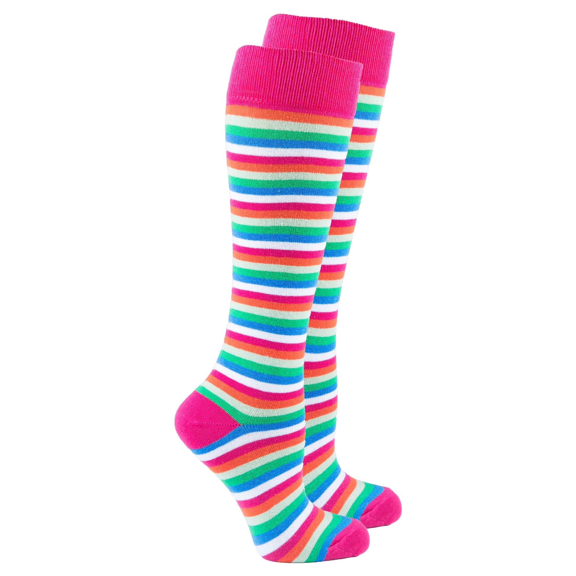 Colorful striped knee-high socks with pink top and bottom on a white background