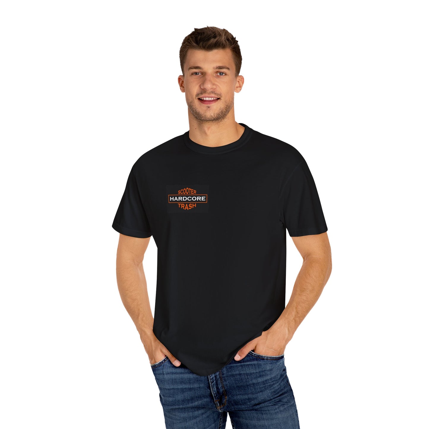 Hardcore Scooter Trash Unisex Garment-Dyed Black T-Shirt on a Model