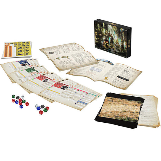 Collection of tabletop gaming components including maps, dice, and rulebooks on a white background