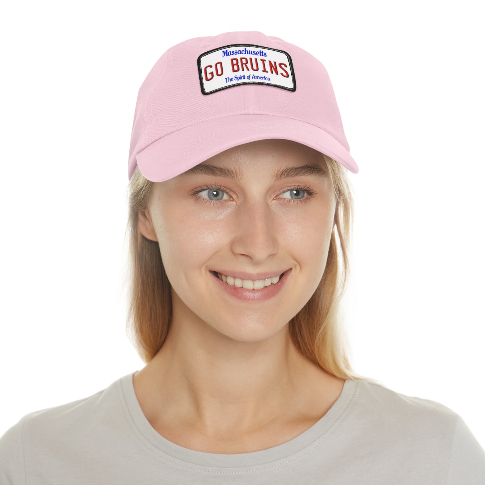 Girl Wearing Pink GO BRUINS Ball Cap with Leather Patch