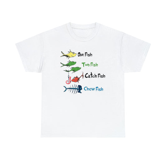 No Model Funny Humorous One Fish Chew Fish Unisex Heavy Cotton Tee