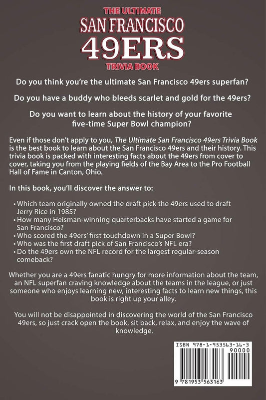 Back cover of a book titled 'The Ultimate San Francisco 49ers Trivia Book' with text about the book's content.