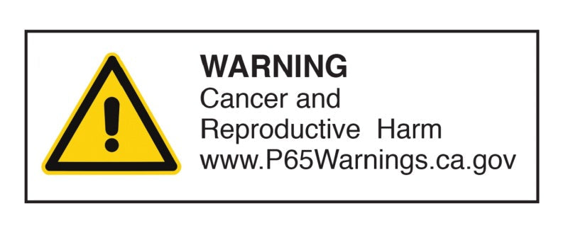 Warning label with cancer and reproductive harm text and a triangle symbol.