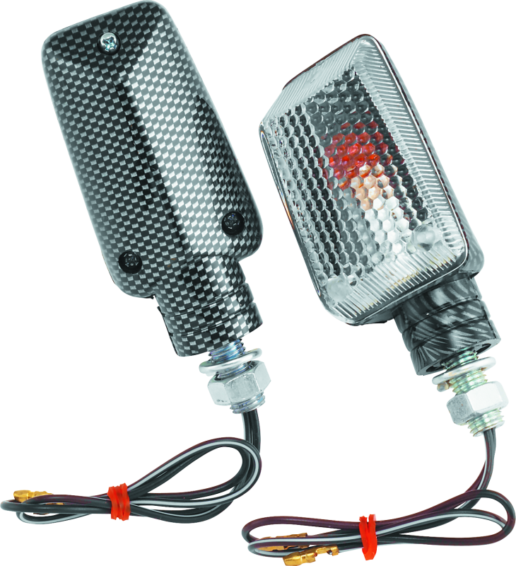 Two motorcycle turn signals with carbon fiber design on a white background