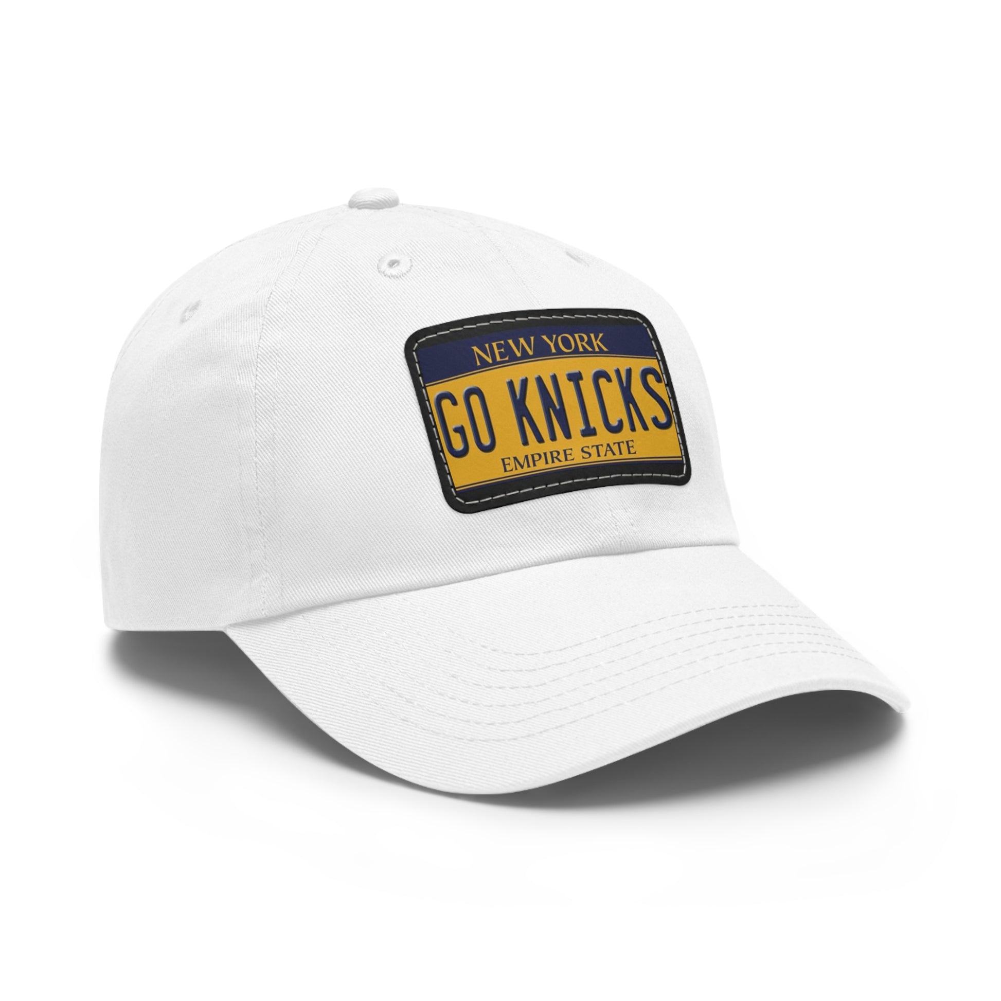 Side View WHite Go Knicks Hat with Leather Patch