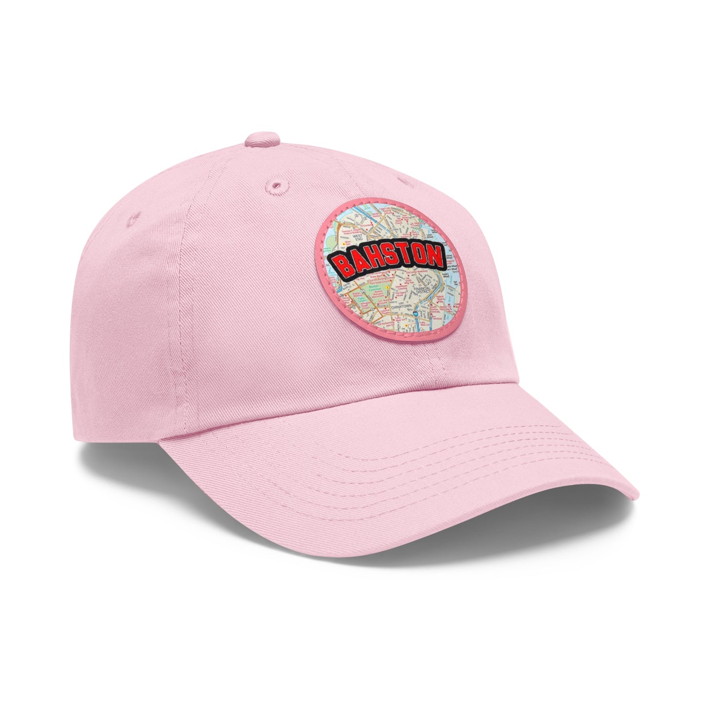 Side View Pink Bahston {Boston} Massachusetts Baseball Hat with Round Leather Patch