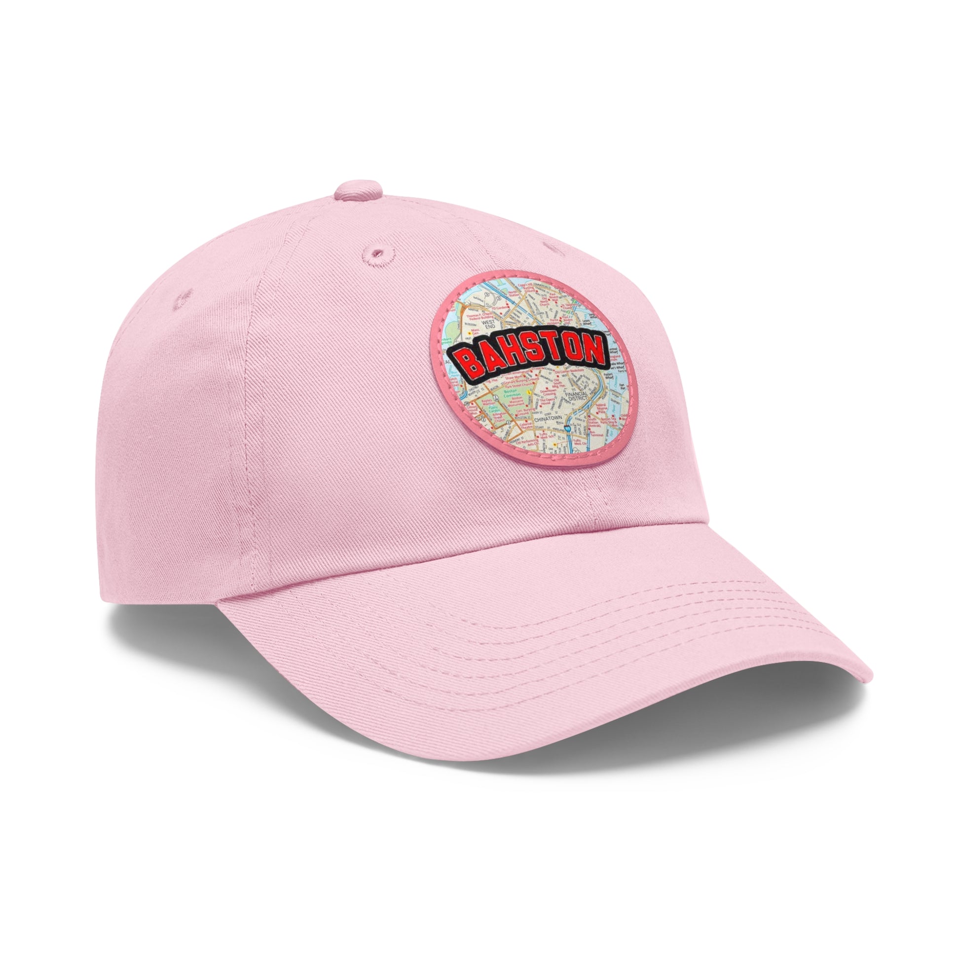 Side View Pink Bahston {Boston} Massachusetts Baseball Hat with Round Leather Patch