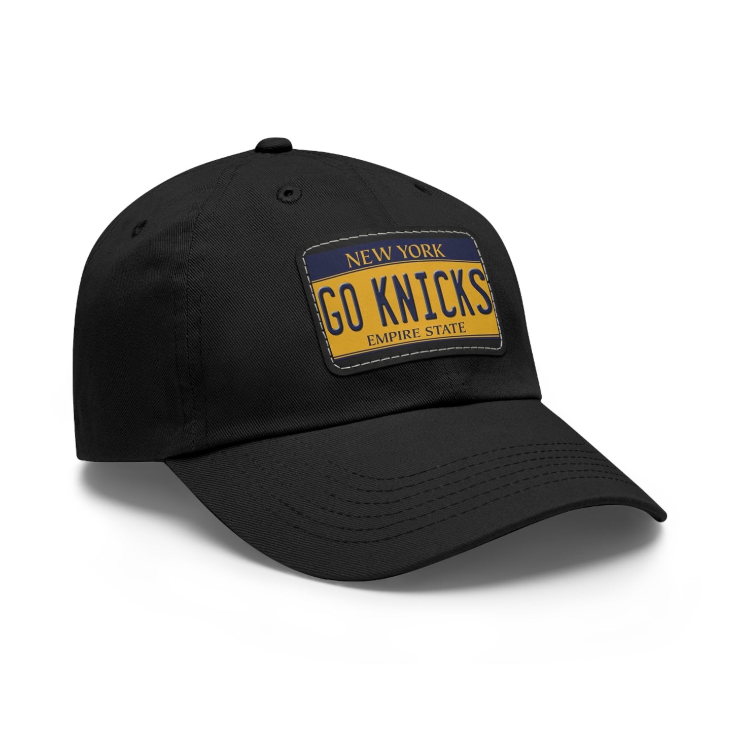 Side View Black Go Knicks Hat with Leather Patch