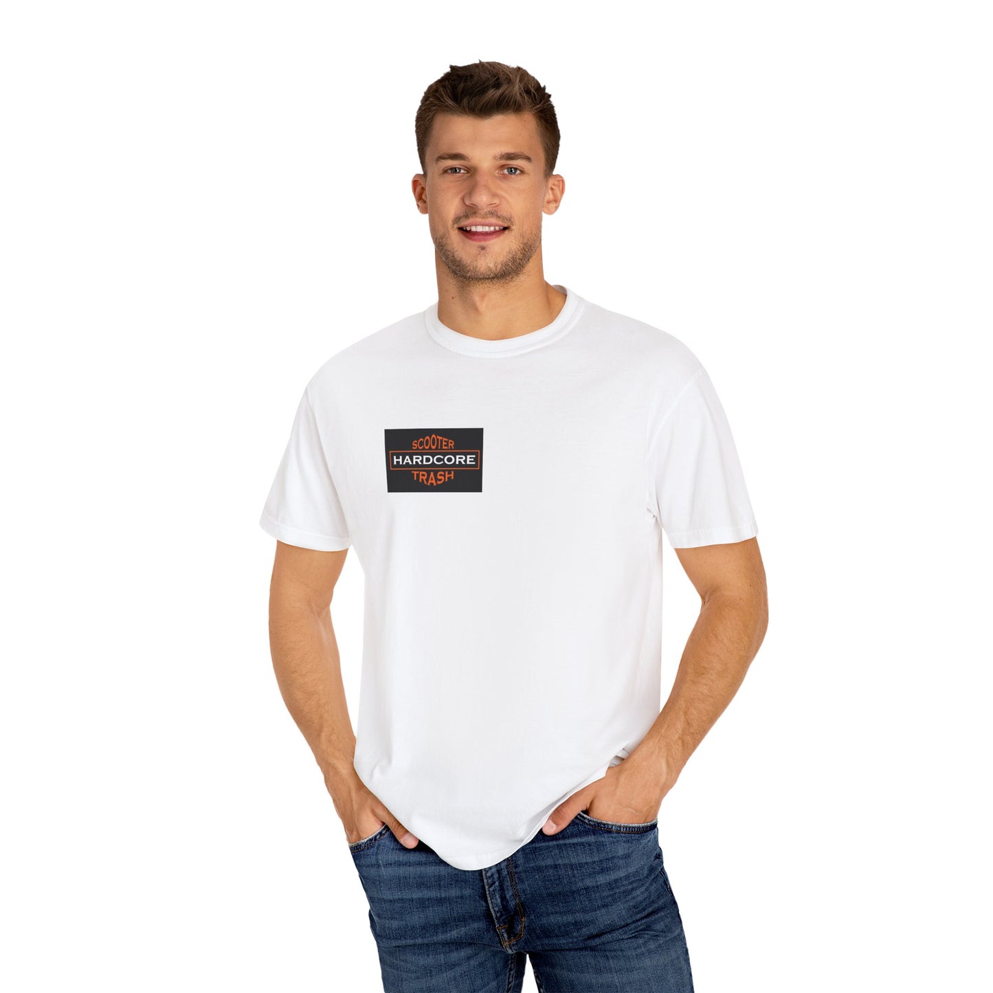 Hardcore Scooter Trash Unisex Garment-Dyed White T-Shirt on Male Model