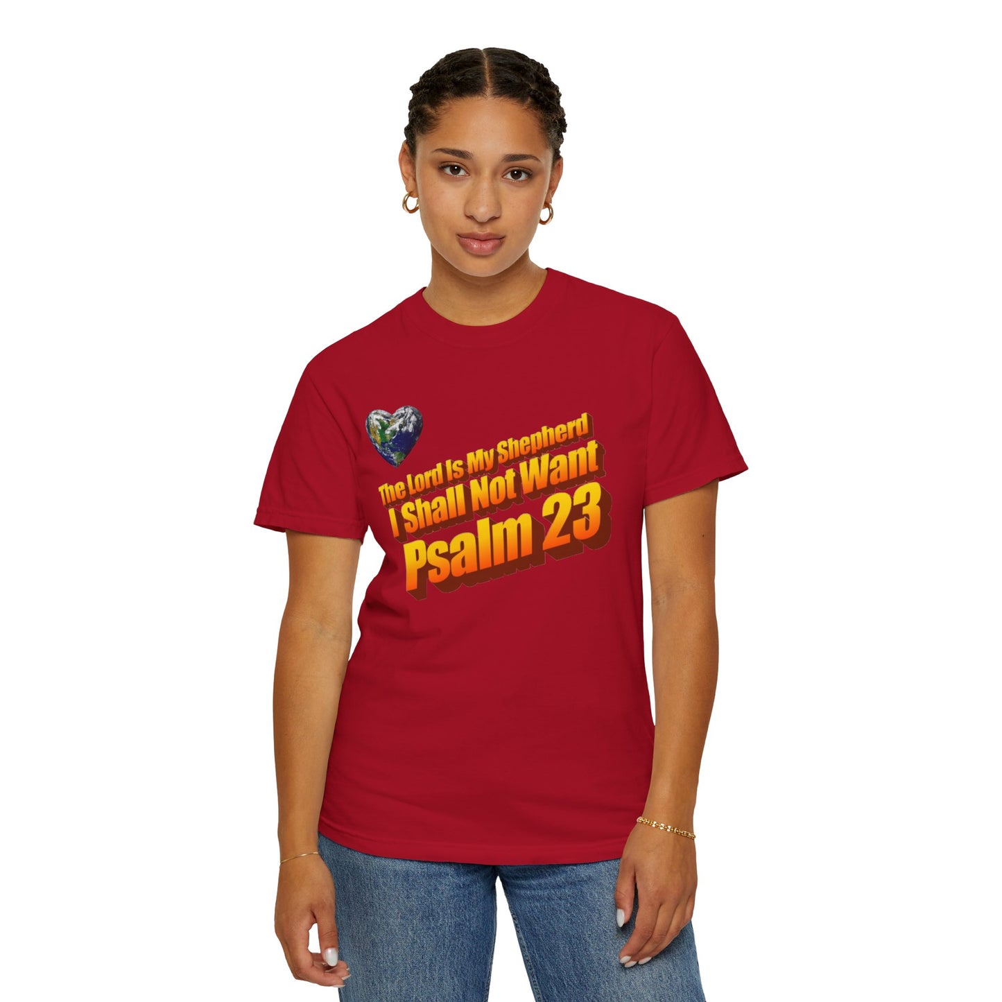 23rd Psalm Faith-Inspired Unisex T-Shirt Religious Casual Style Red Female Model
