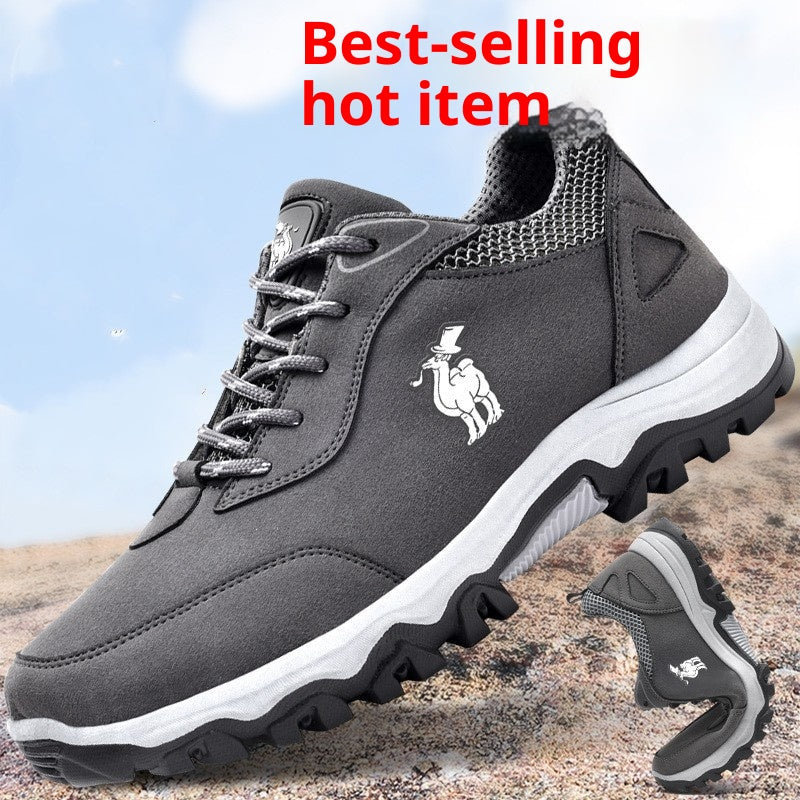 Gray and white sneaker with a brand logo on a textured surface, labeled as a 'best-selling hot item'.
