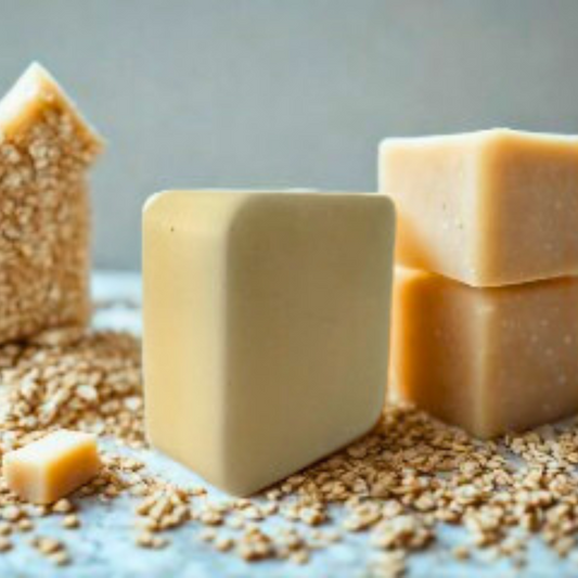 Blocks of beige soap with sesame seeds on a light background