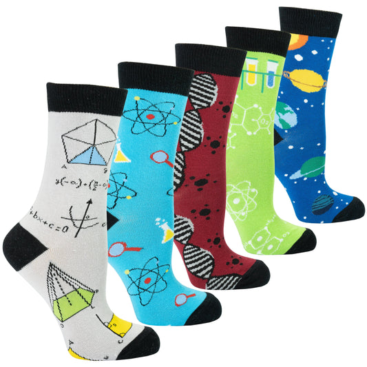Set of five colorful socks with various designs on a white background