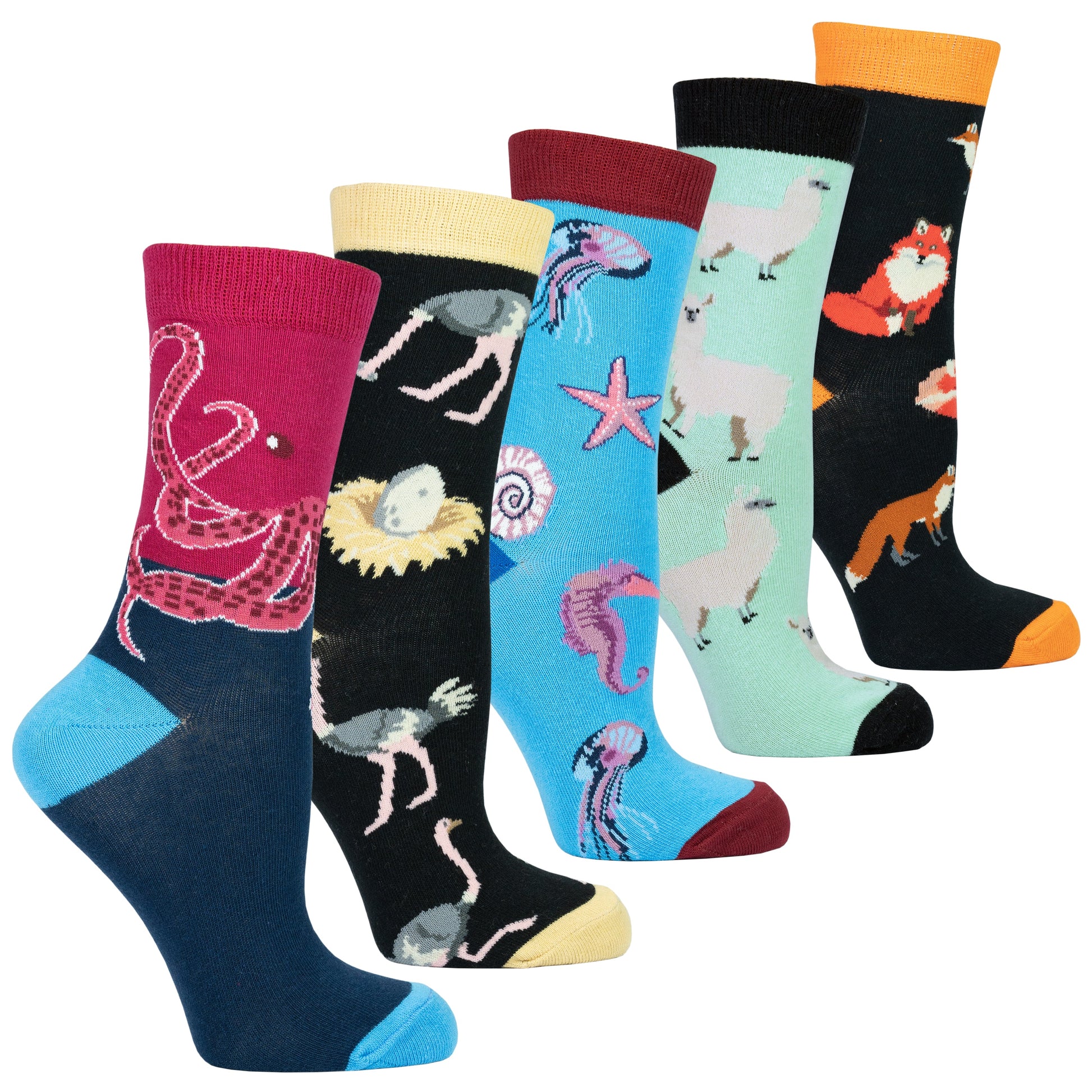 Set of colorful socks with various patterns on a white background