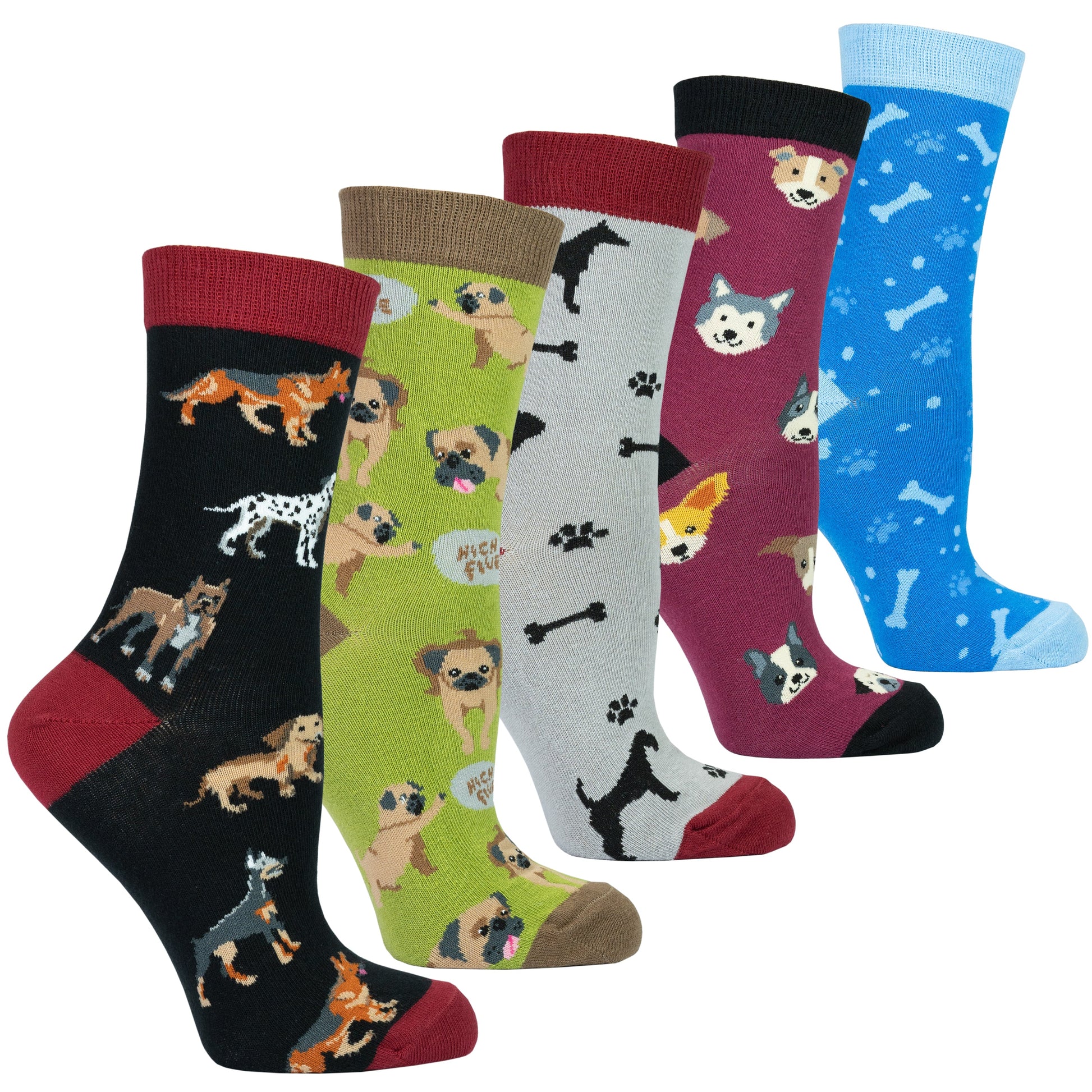 Five pairs of socks with dog patterns on a white background