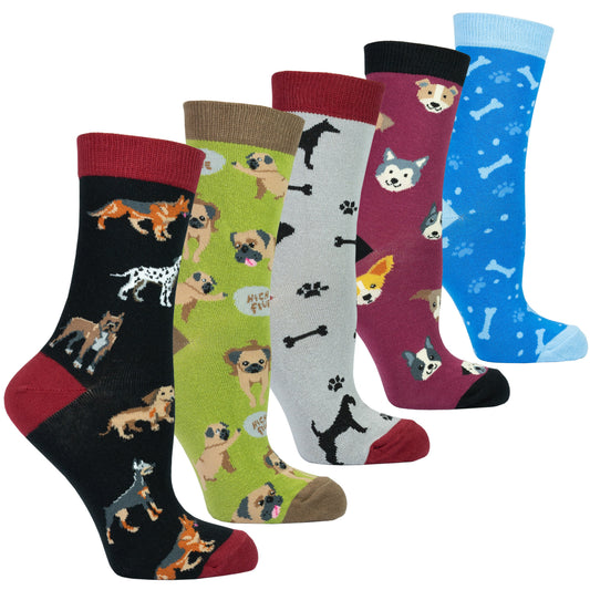 Five pairs of socks with dog patterns on a white background