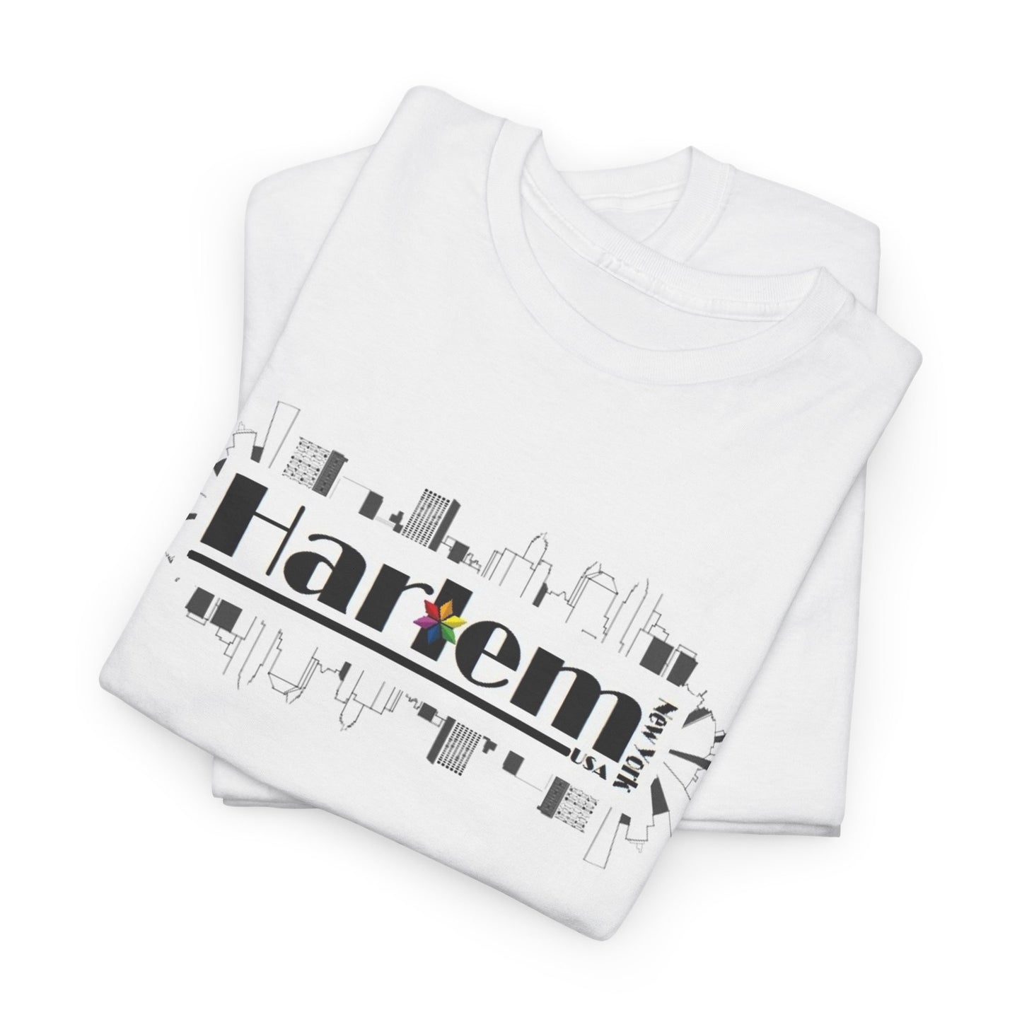 White t-shirt with 'Harlem' design on a white background
