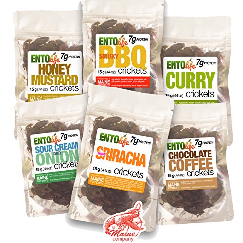 Assorted packages of Entolife crickets with various flavors on a white background.