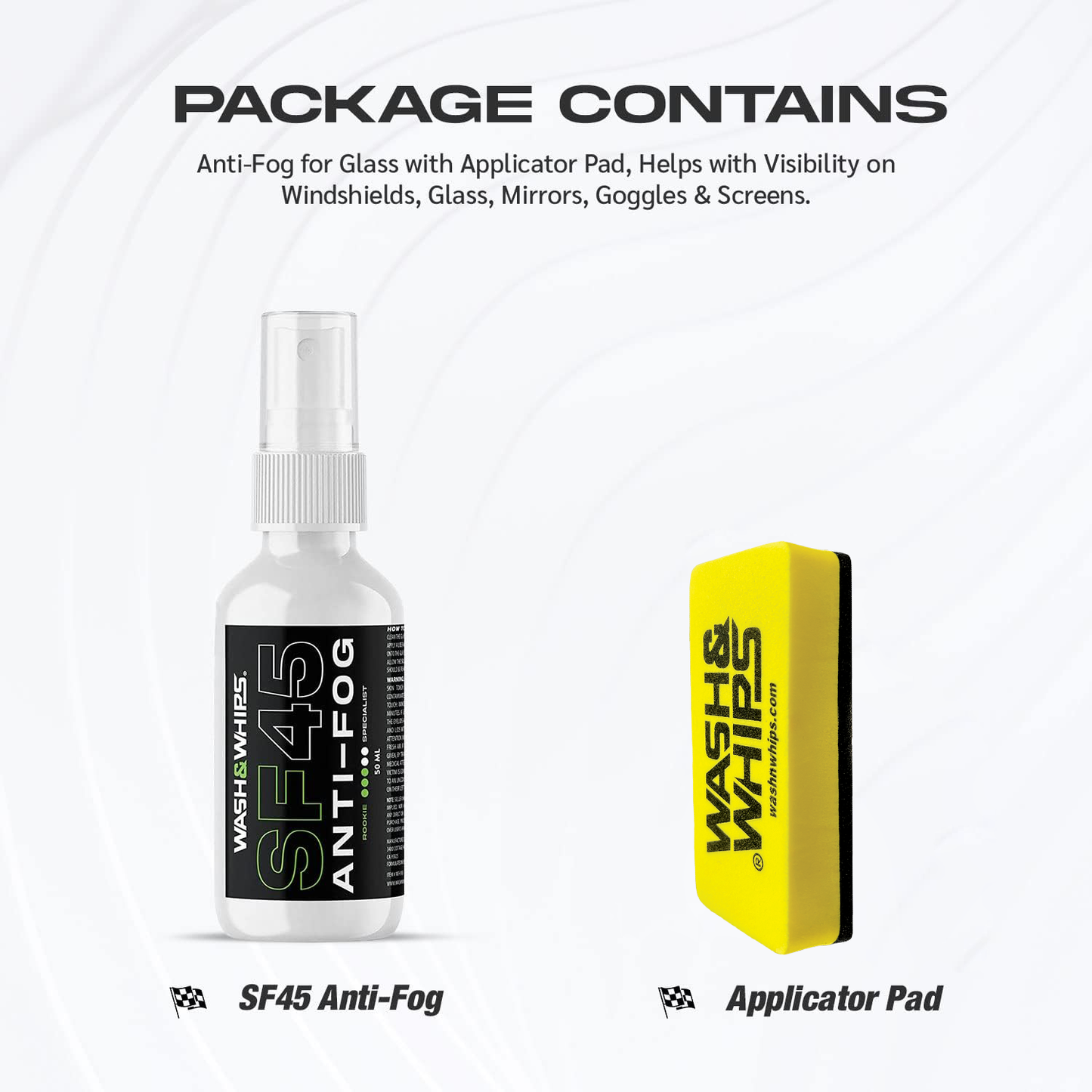 Anti-fog spray bottle and applicator pad with text on a white background