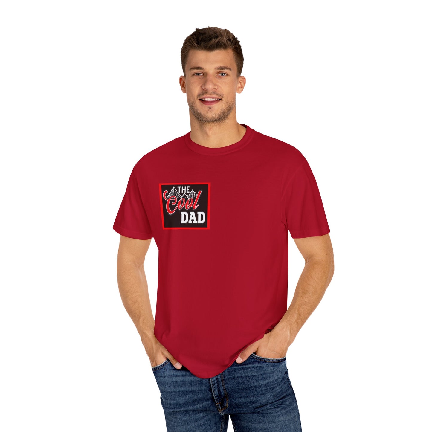 Red Cool Dad Garment-Dyed T-shirt, Unisex Dad Tee, Casual Wear On Model