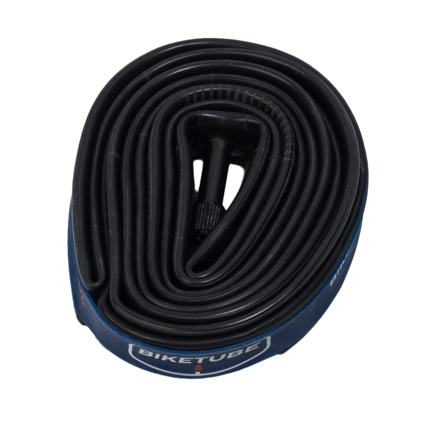 Coiled bicycle tube with 'BIKETUBE' branding on a white background