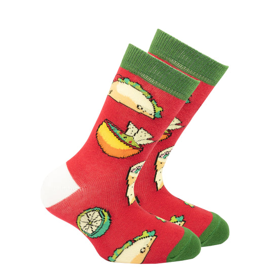 Red Kids socks with taco and burrito designs on a white background