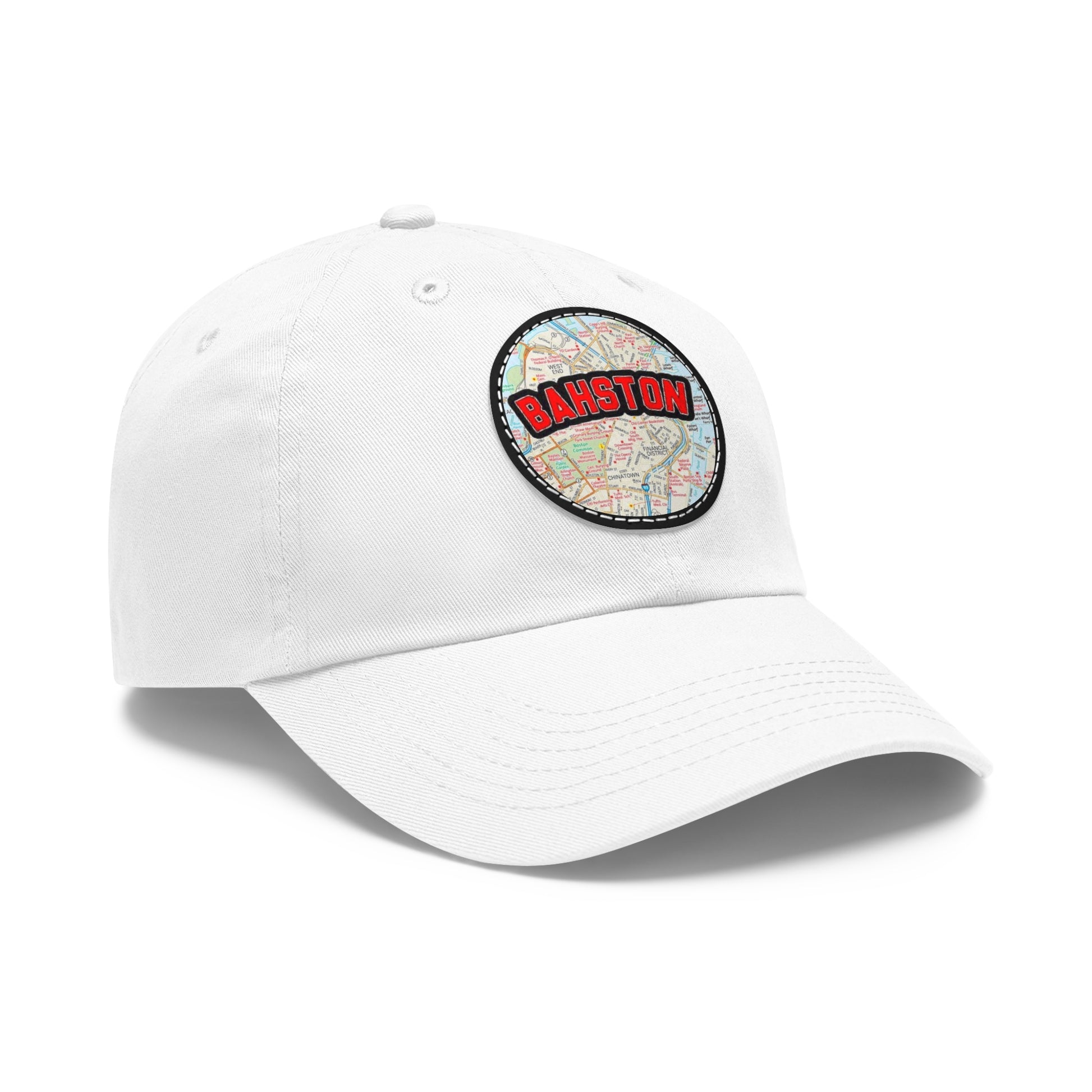 Side View White Bahston {Boston} Massachusetts Baseball Hat with Round Leather Patch