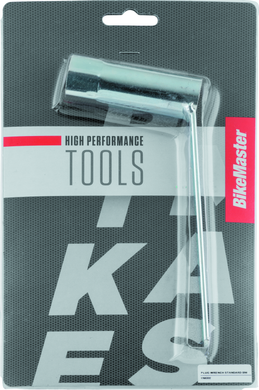 BikeMaster tool set packaging with a Spark Plug Wrench inside on a gray background