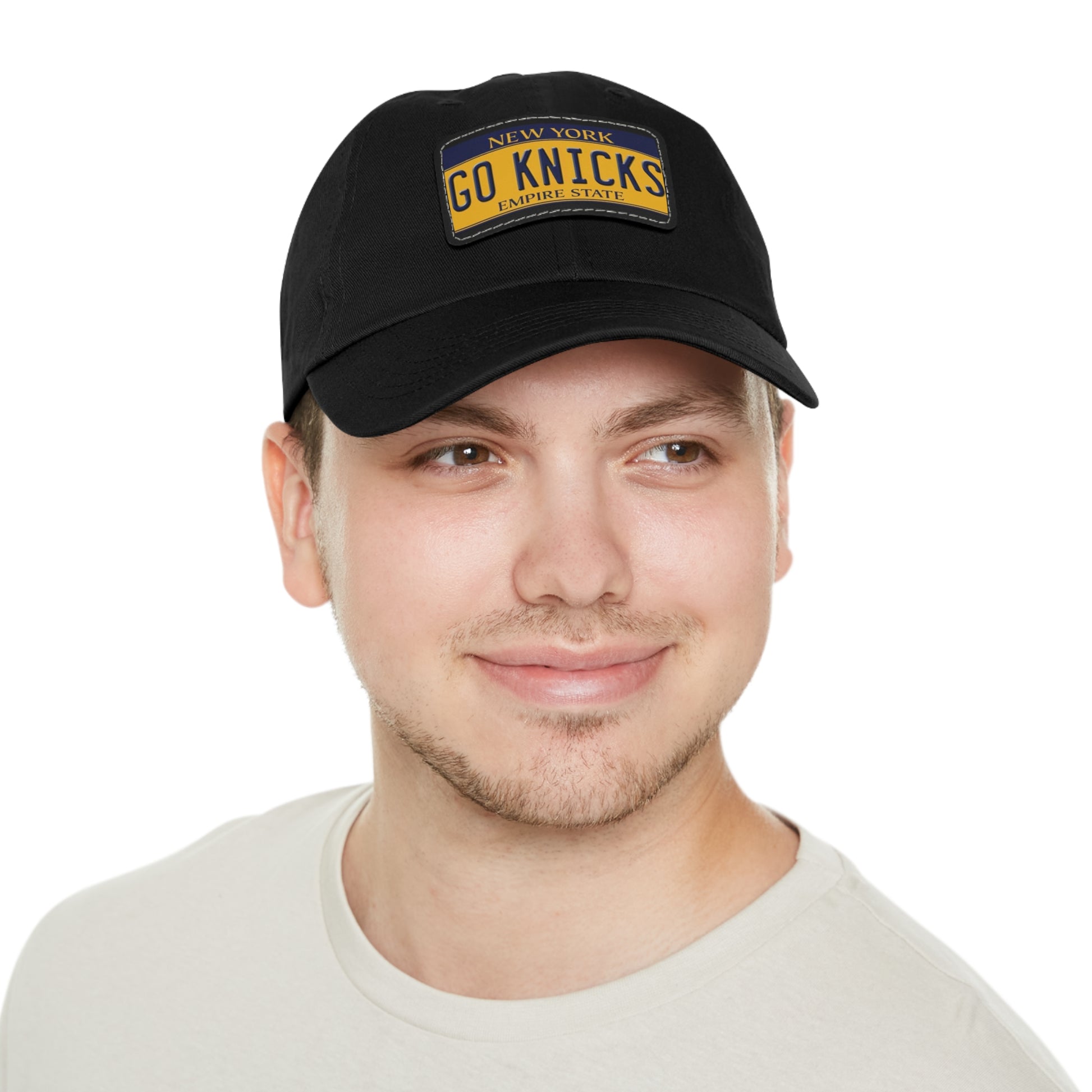 Black Go Knicks Hat with Leather Patch  On Male Model