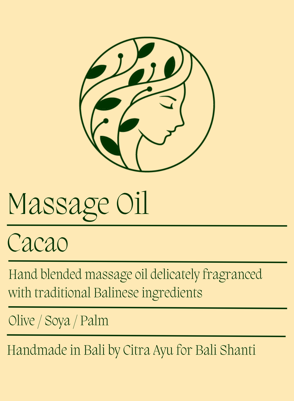 Label for Cacao massage oil with a circular design of a face and leaves on a beige background.
