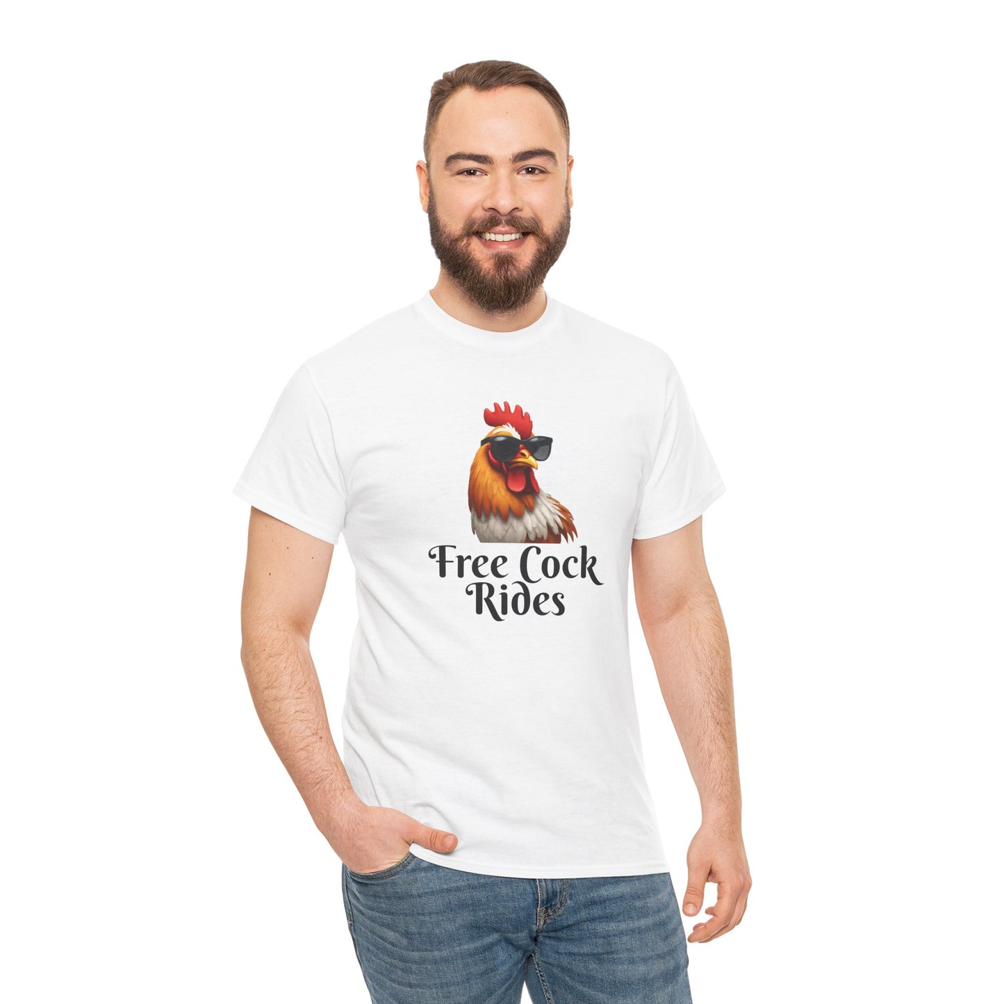 Free Cock Rides Unisex Heavy Cotton White Tee Modeled