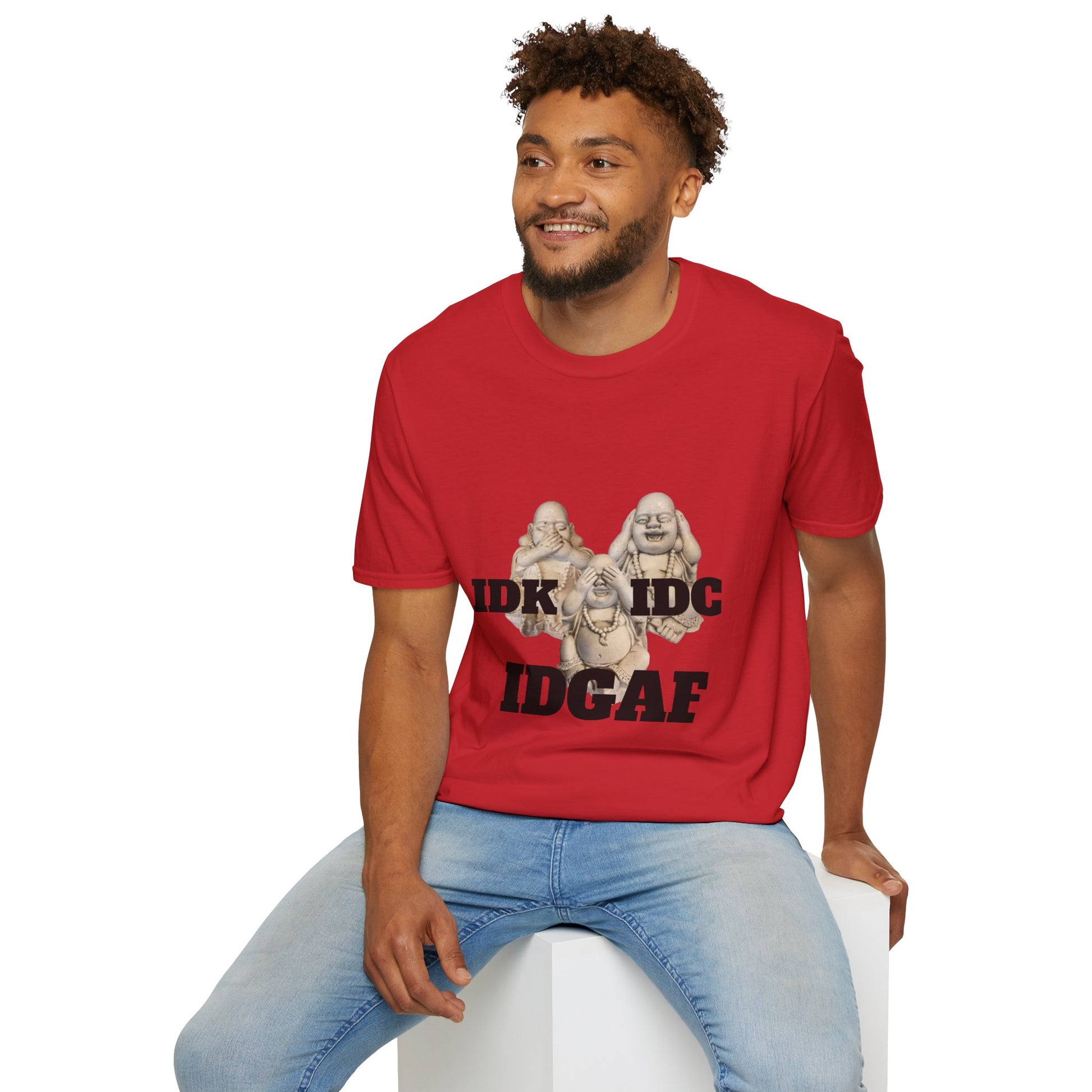 Three Buddhas IDK, IDC, IDGAF Unisex Softstyle T-Shirt Red Male Model