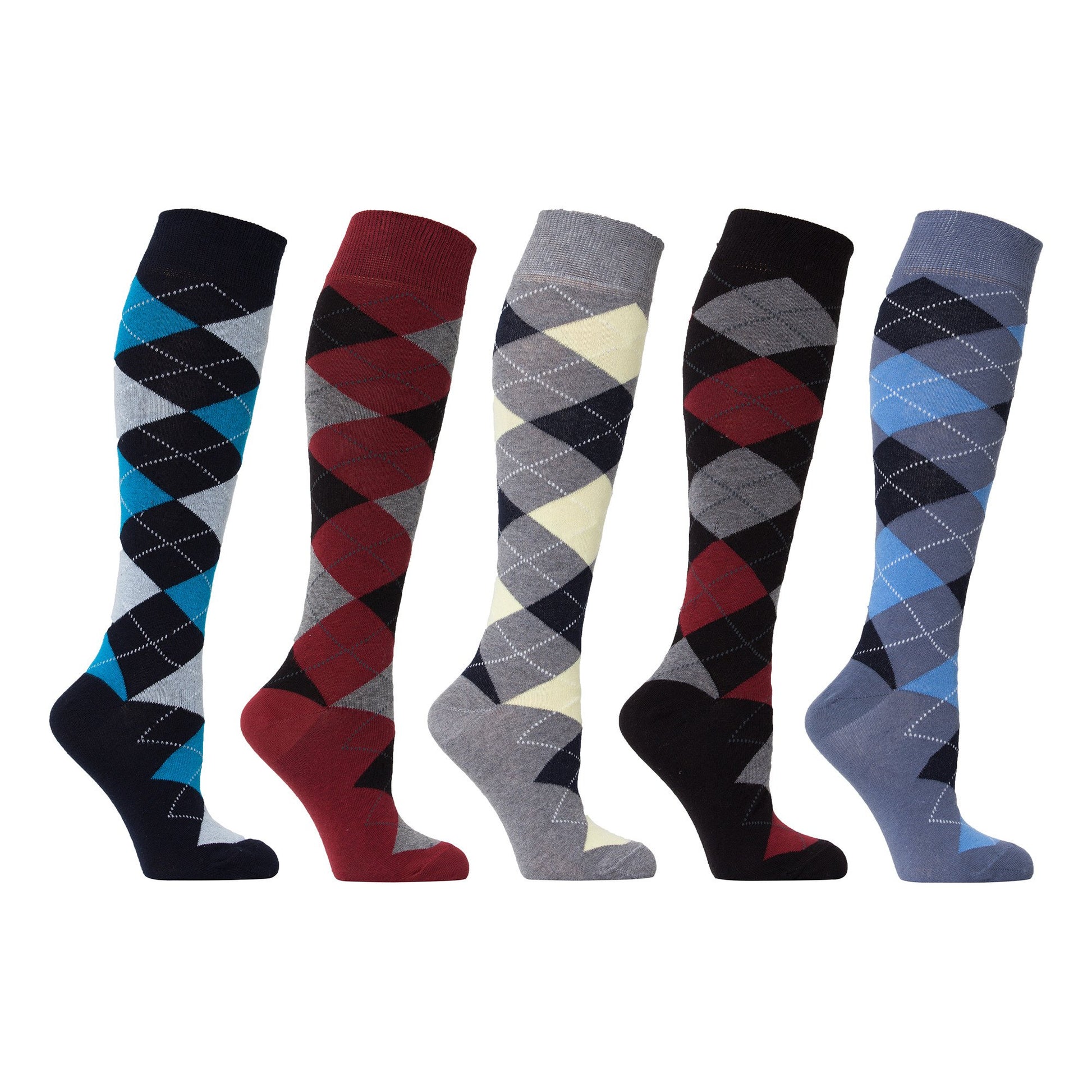 Five pairs of knee-high socks with argyle pattern on a white background