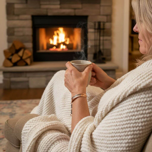 Woman wearing bracelet sitting by a fireplace holding a mug with a warm blanket, cozy indoor setting.