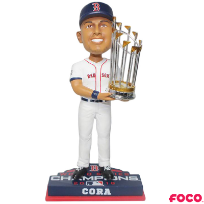 Bobblehead of a red sox baseball player holding a trophy with 'FOCO' branding on a white background