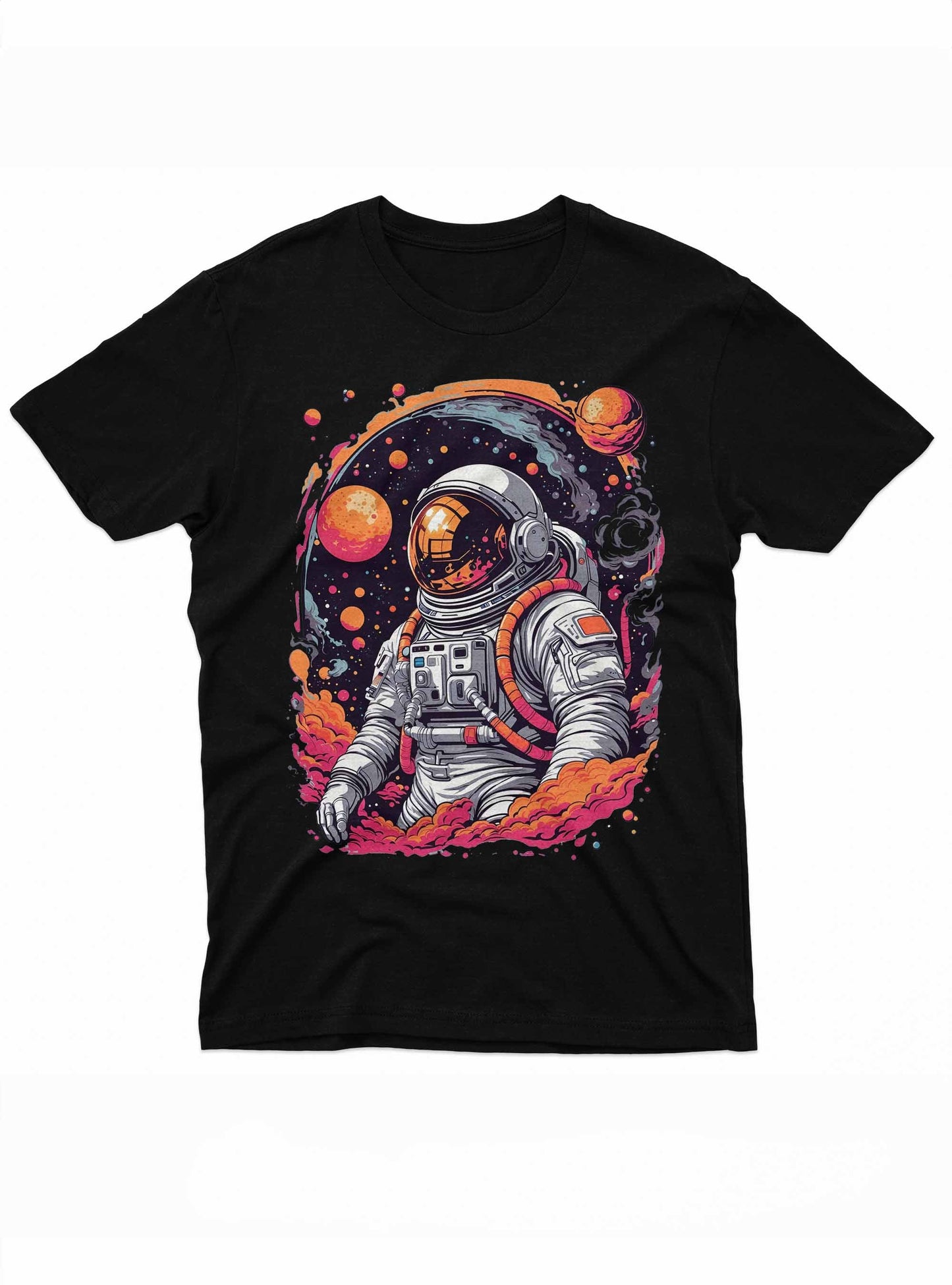 Black t-shirt with an astronaut graphic on a white background