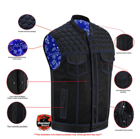 Infographic Blue Soul Men's Black Mesh Textile Vest with Blue Paisley Liner