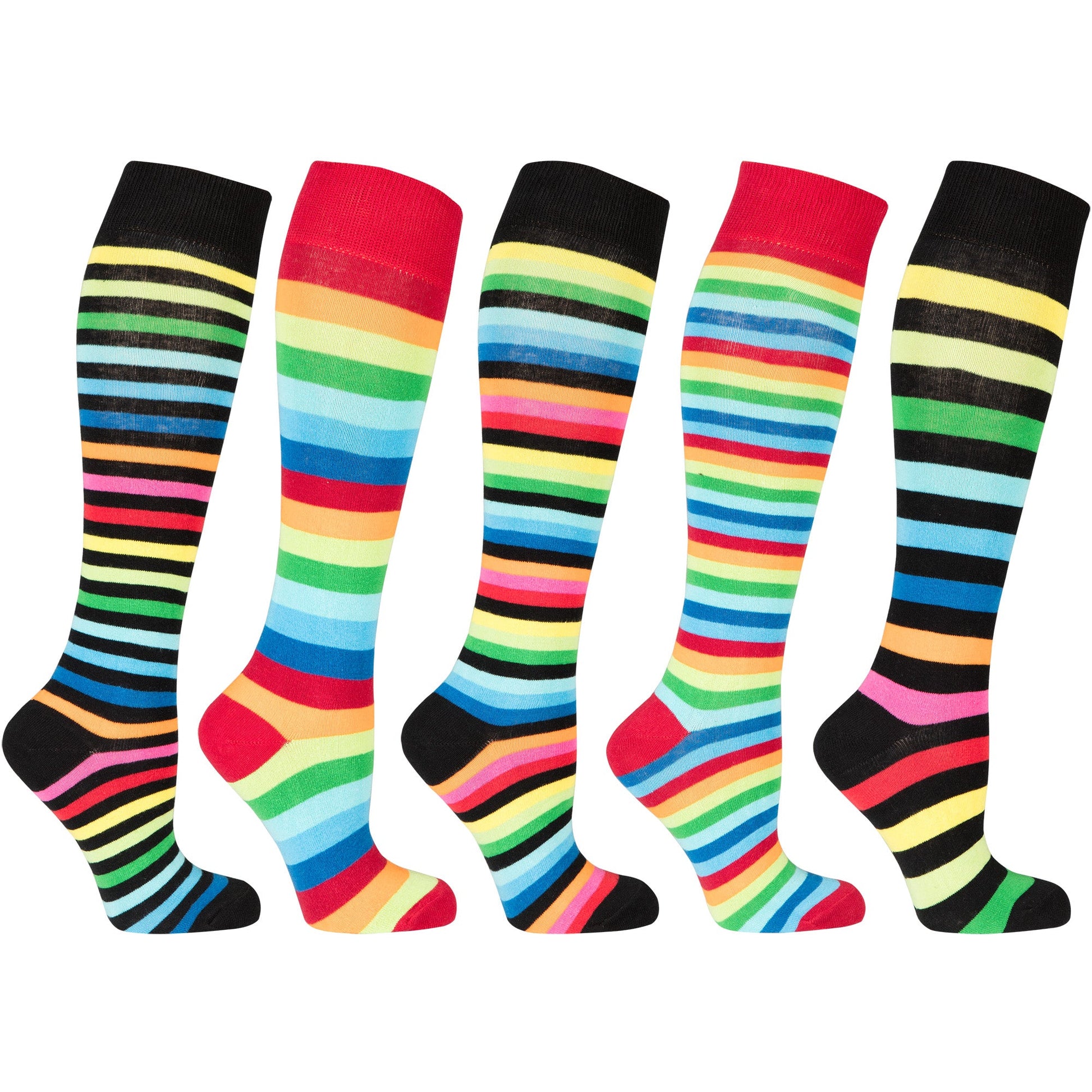 Set of five colorful striped knee-high socks on a white background