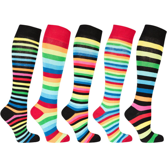 Set of five colorful striped knee-high socks on a white background