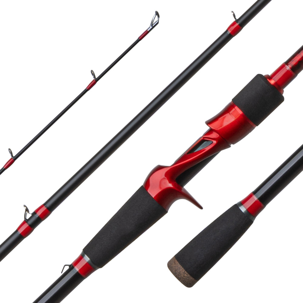 Fishing rod with red and black design on a white background