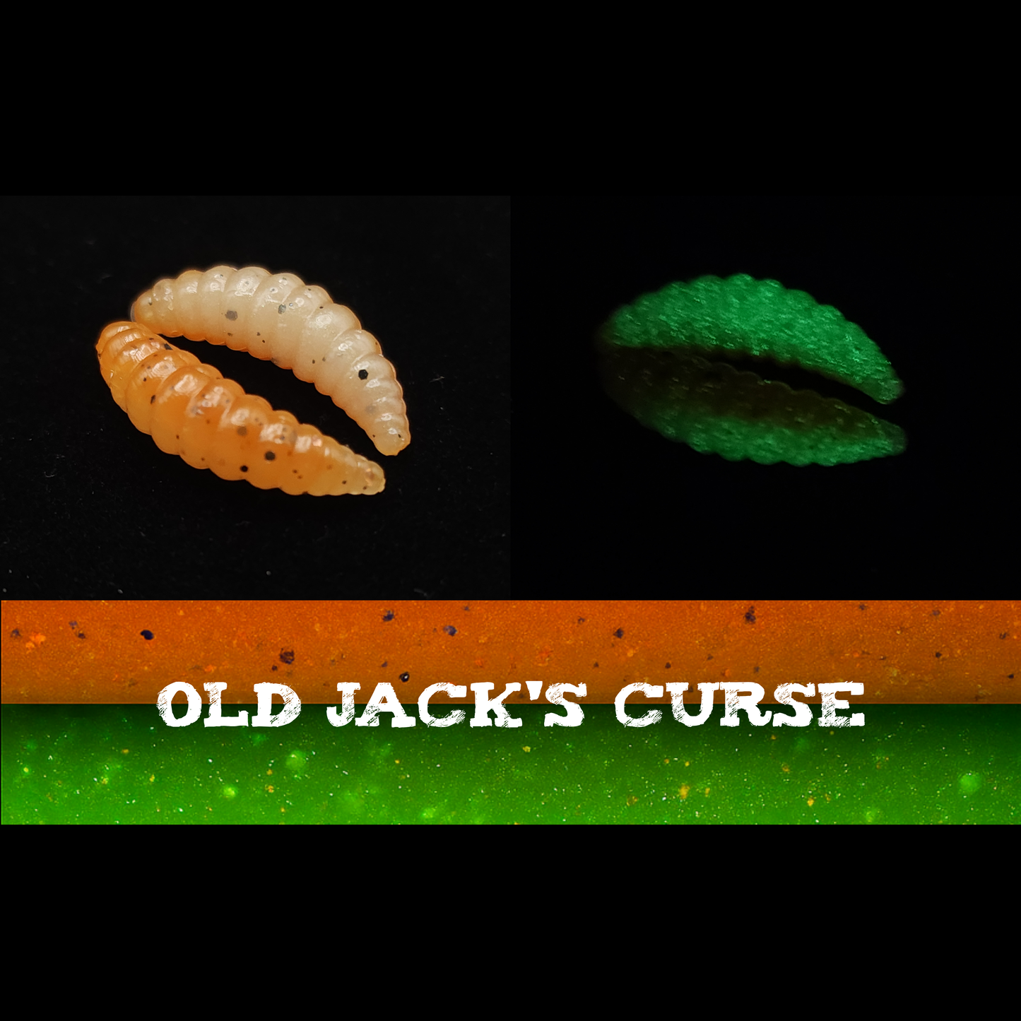 Two small larvae fishing lures on a black background with 'Old Jack's Curse' text.