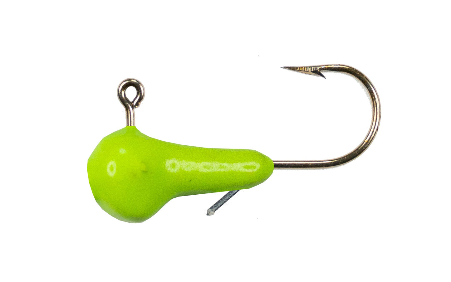 Green fishing lure with a hook on a white background