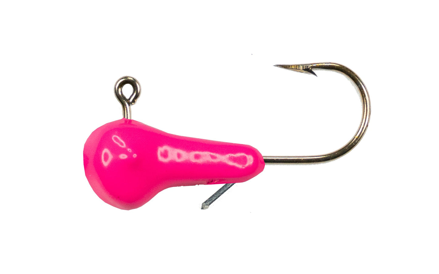 Pink fishing lure with a hook on a white background